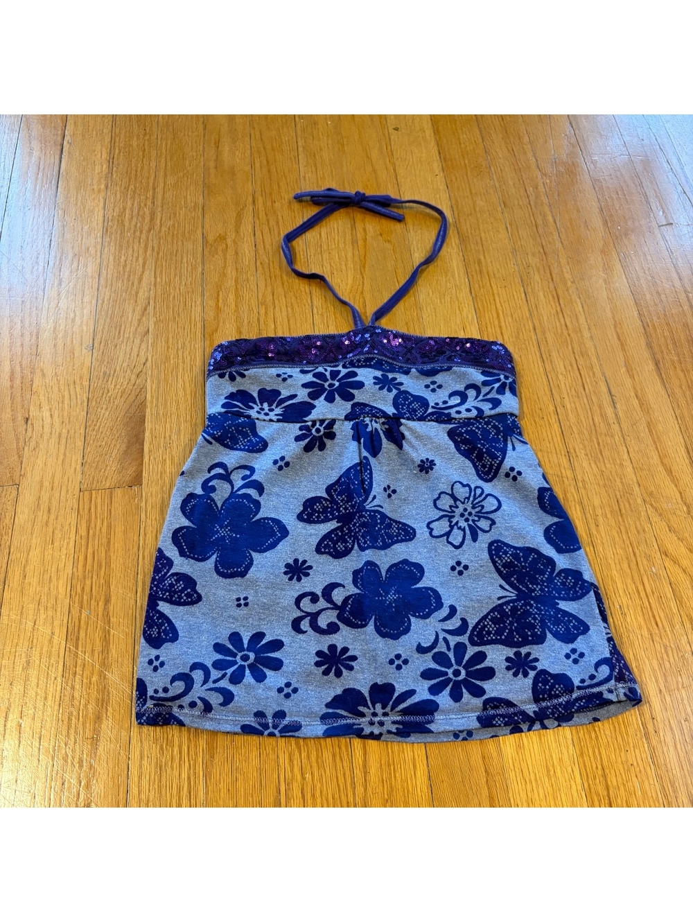 Vintage Y2K whimsical bedazzled purple butterfly and floral print halter top